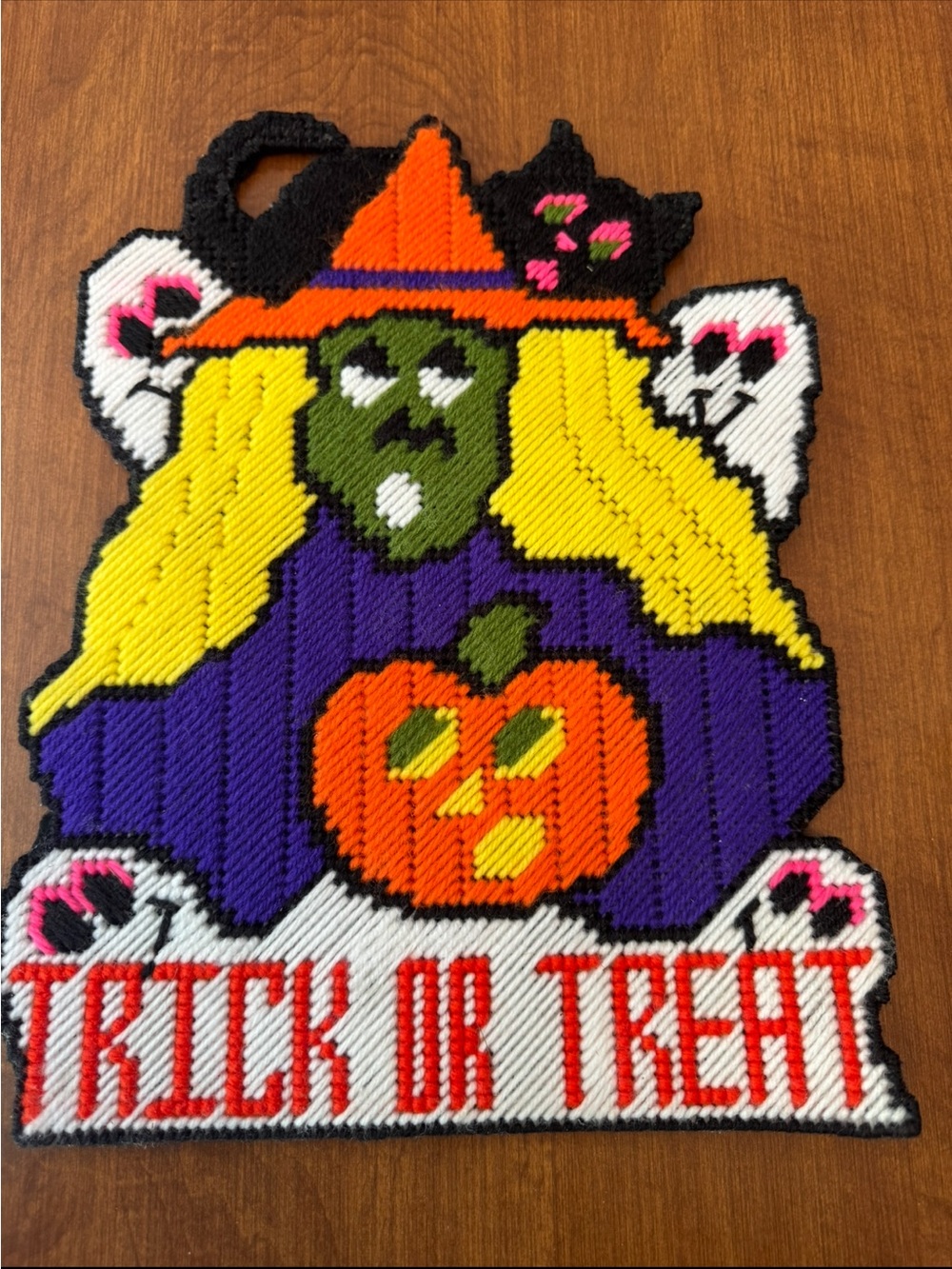 Halloween Needlepoint Wall Decor Sign - Orange Pumpkin & Purple Witch